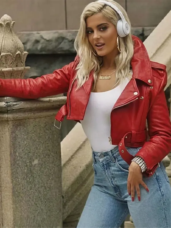 American Singer Bebe Rexha Cropped Red Jacket