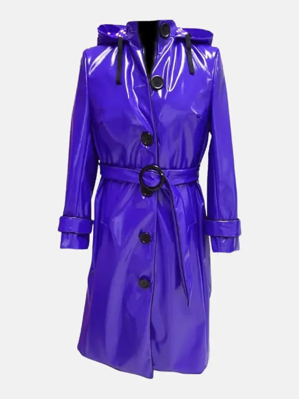 Anastasia Shiny Leather Hooded Blue Raincoat
