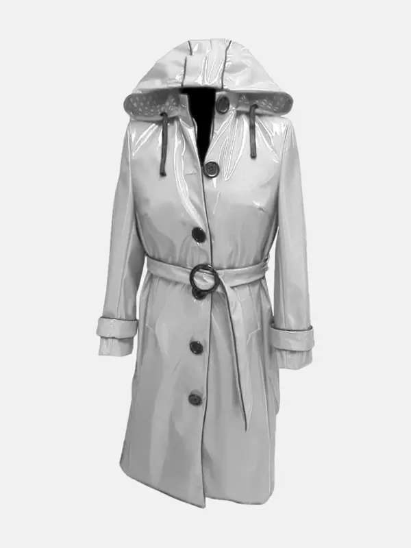 Anastasia-Shiny-Leather Hooded-Gray Raincoat