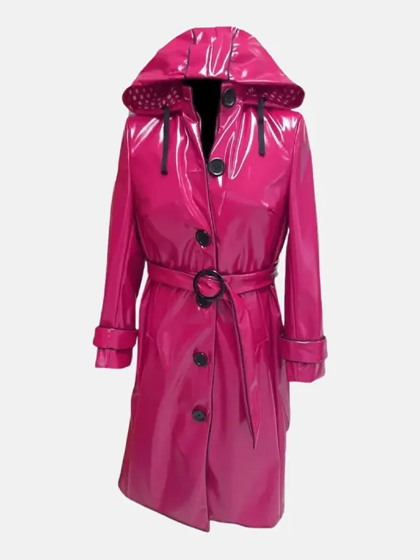 Anastasia Shiny Leather Hooded Pink Raincoat