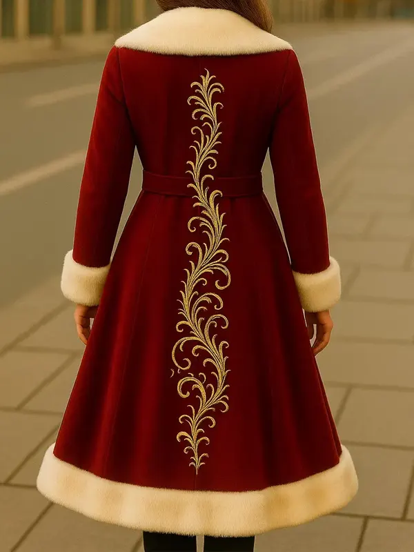 Christmas Embroidery Burgundy Coat
