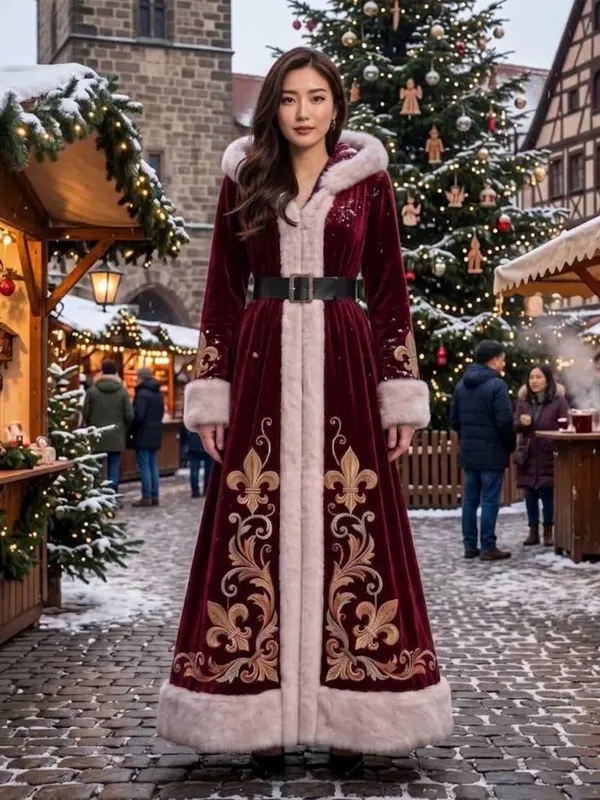 Christmas Gold Embroidered Hooded Coat