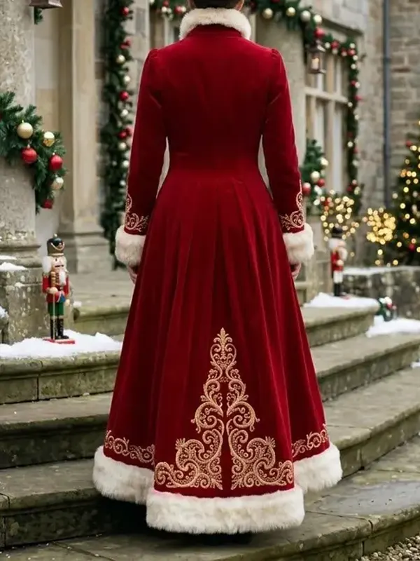 Christmas Gold Embroidery Fur Coat
