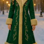 Christmas Gold Embroidery Fur Green Coat