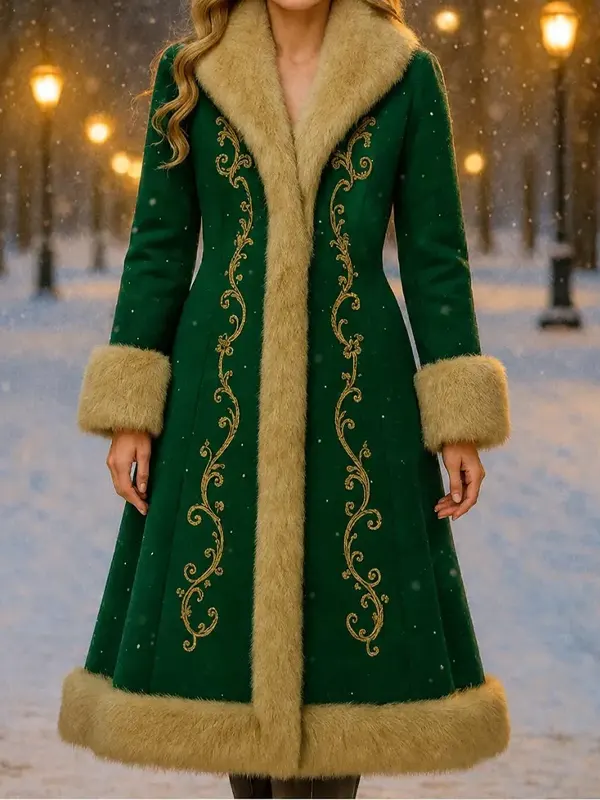 Christmas Gold Embroidery Fur Green Coat
