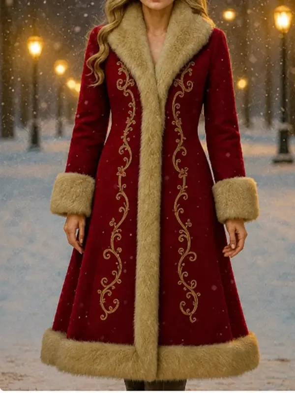 Christmas Gold Embroidery Fur Red Coat