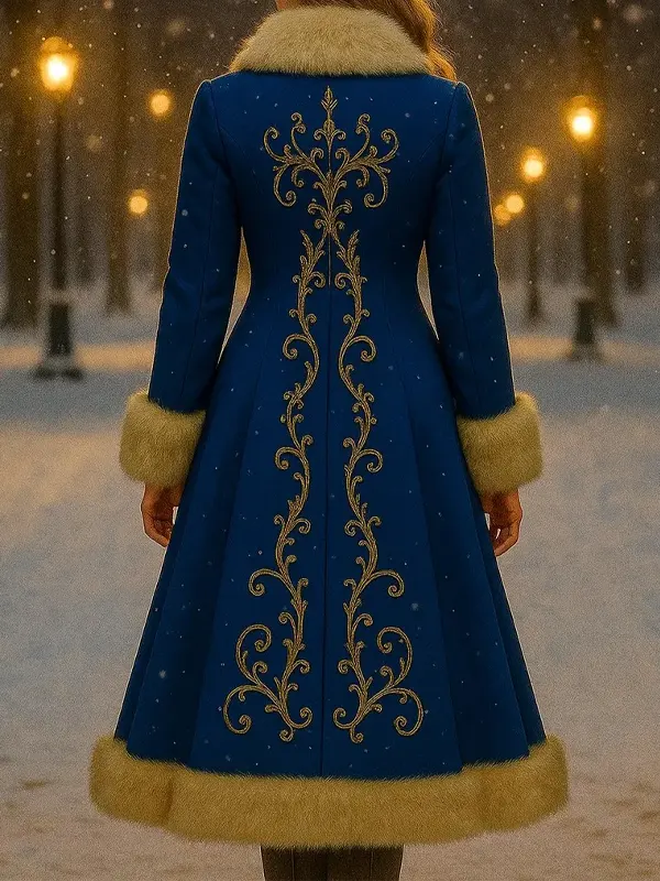 Christmas Gold Embroidery Fur Royal Blue Coat