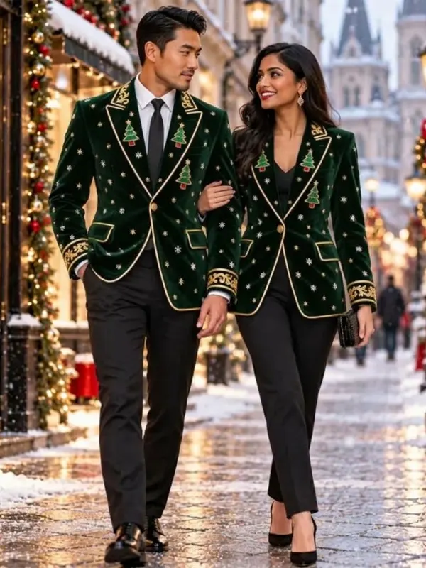 Christmas Gold Embroidery Green Blazer