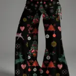 Christmas Print Wide Leg Lounge Black Pants
