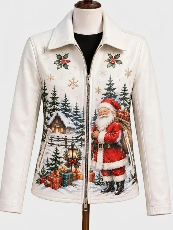 Christmas Santa Print Leather Jacket