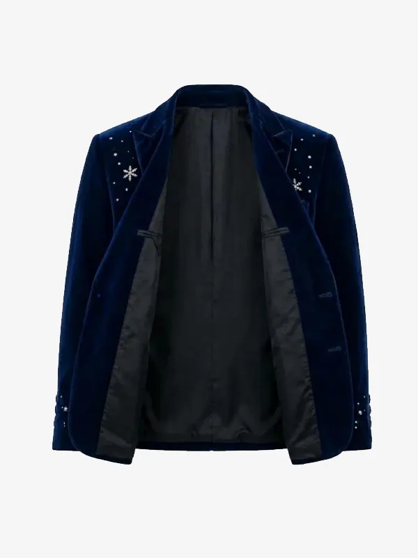 Christmas Snowman Navy Blue Velvet Blazer