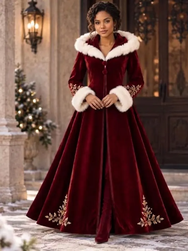 Christmas Victorian Winter Velvet Fur Coat