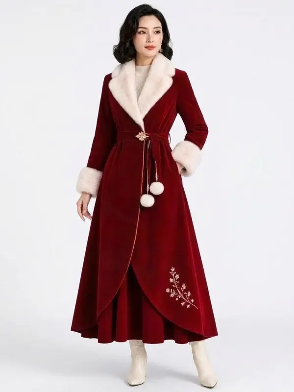 Elegant Christmas Red Velvet Maxi Coat
