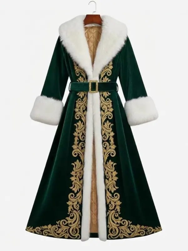 Emerald Gold Embroidered Green Fur Coat