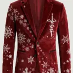 Men Maroon Christmas Reindeer Print Red Blazer
