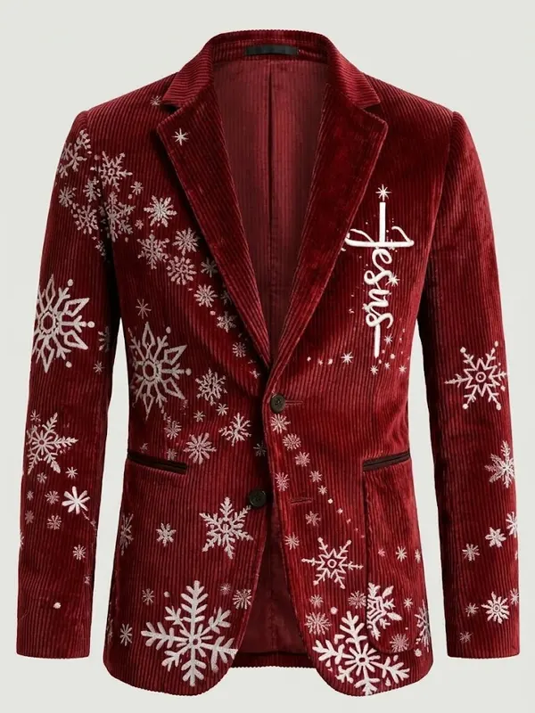 Men Maroon Christmas Reindeer Print Red Blazer