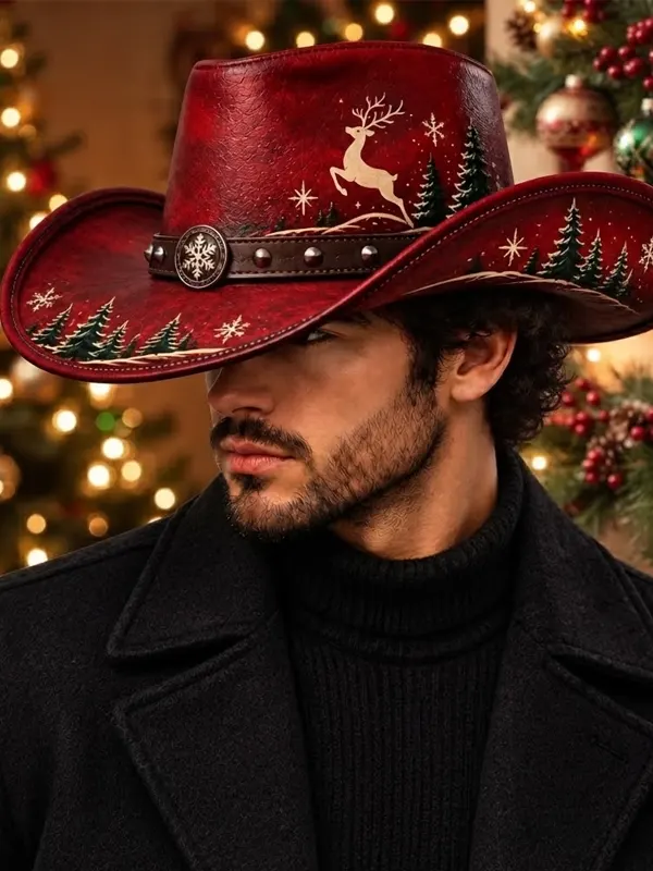 Leather Western Reindeer Snowflake Hat