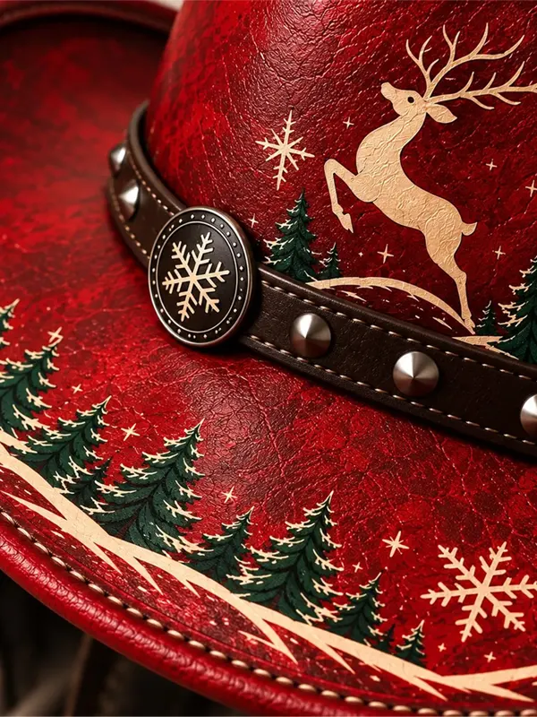 Leather Western Reindeer Snowflake Printed Hat