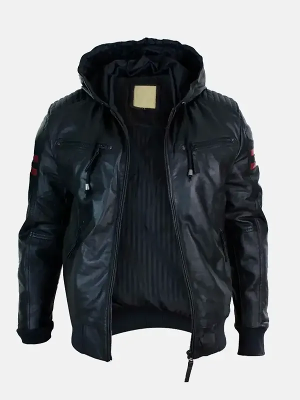 Premium Men's Caspian Genuine Black Leather Hooded Jacket