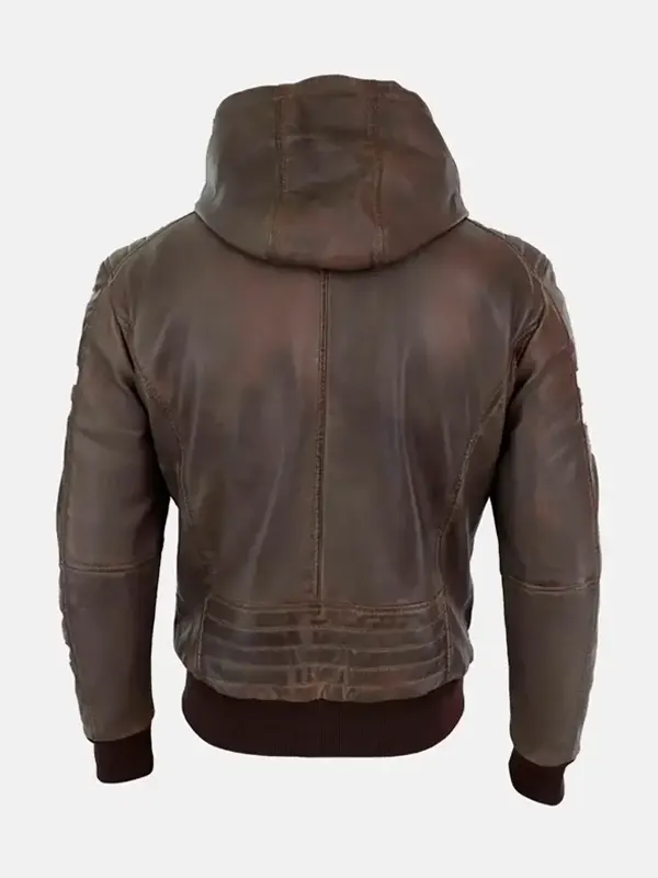 Premium Men's Caspian Genuine Brown Leather Hooded Jacket Back