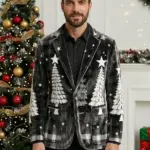 Men Christmas Black Snowflake Tree Blazer