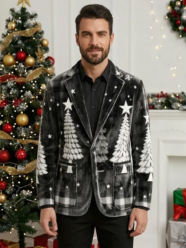 Men Christmas Black Snowflake Tree Blazer