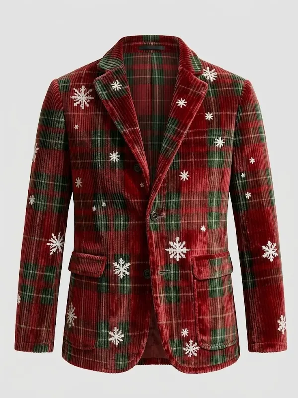 Men Christmas Snowflake Plaid Corduroy Blazer