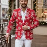 Christmas Snowflakes Pattern Print Red Blazer Back