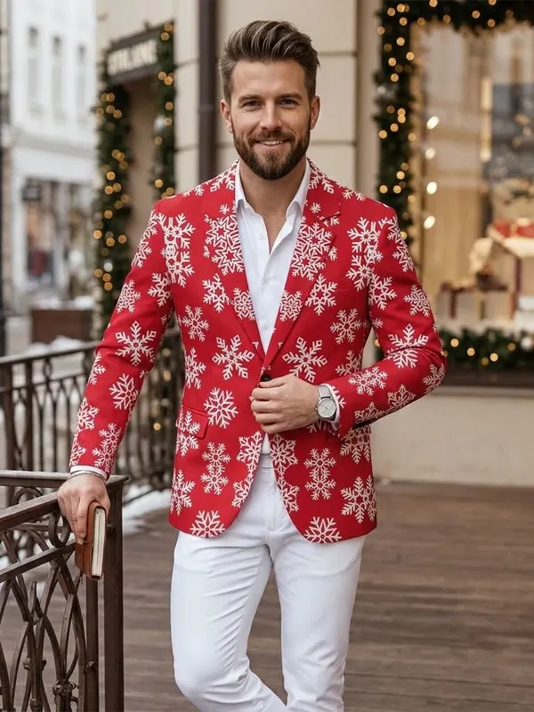 Christmas Snowflakes Pattern Print Red Blazer Back