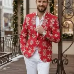 Mens Christmas Snowflakes Pattern Print Red Blazer Back