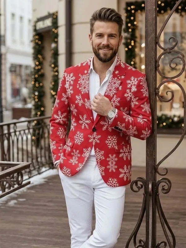Mens Christmas Snowflakes Pattern Print Red Blazer Back