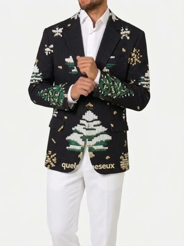 Mens Festive Tree Snowflake Print Blazer