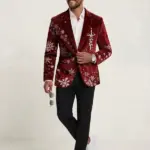 Mens Maroon Christmas Reindeer Print Red Blazer