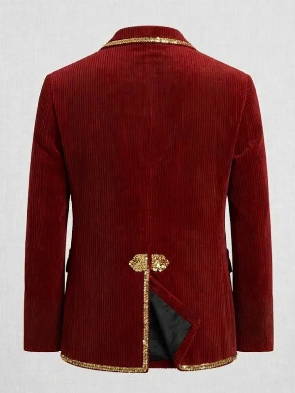 Men Holly Bells Corduroy Christmas Red Blazer Back