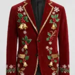 Men Holly Bells Corduroy Christmas Red Blazer
