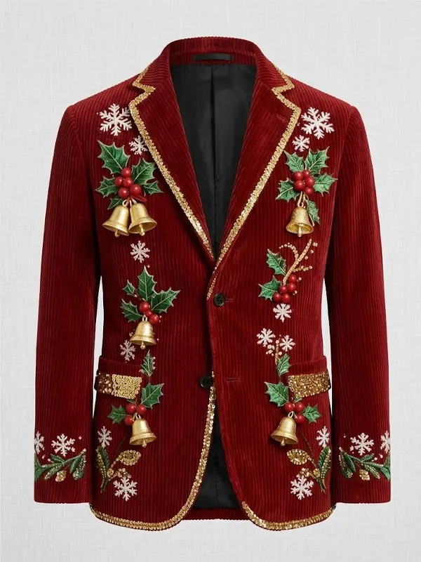 Men Holly Bells Corduroy Christmas Red Blazer