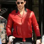 Nick Jonas Red leather Bomber Jacket