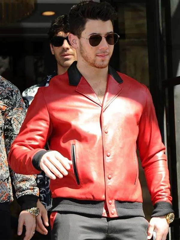 Nick Jonas Red leather Jacket