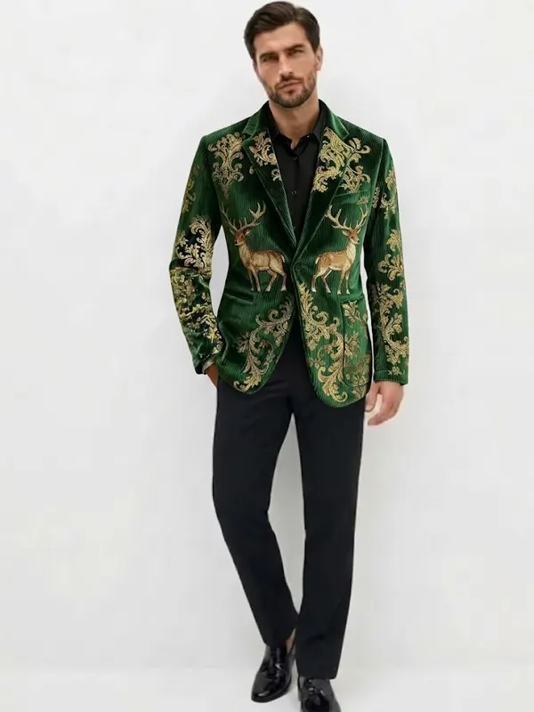 Men Printed Corduroy Green Party Blazer