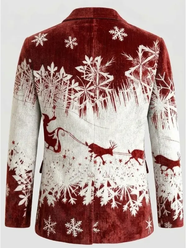 Men Reindeer Sleigh Snowflake Red Blazer Back