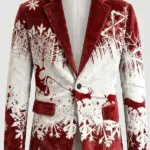 Men Reindeer Sleigh Snowflake Red Blazer