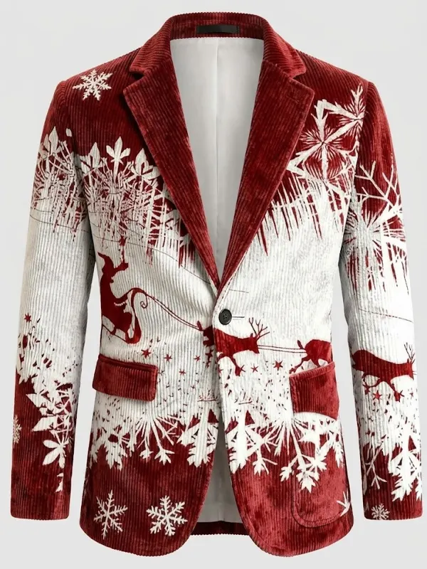 Men Reindeer Sleigh Snowflake Red Blazer
