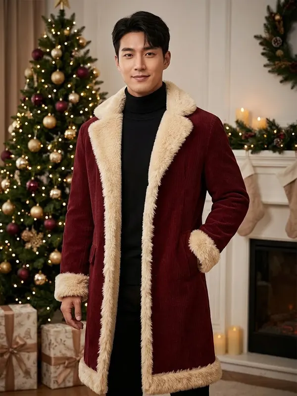 Men Santa Christmas Fur Maroon Coat