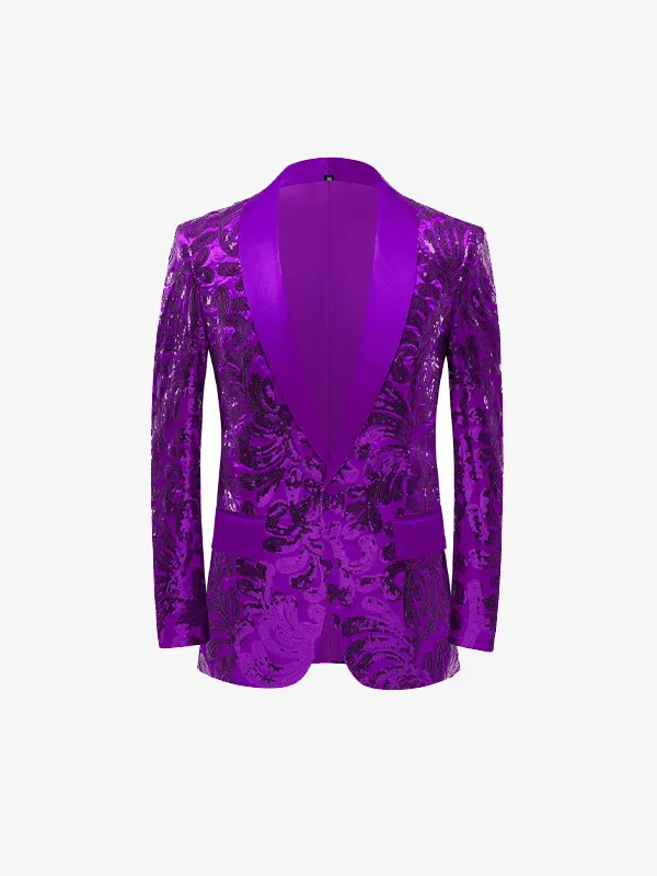 Men Shiny Sequin Floral Purple Blazer