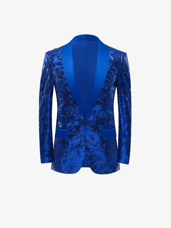 Men Shiny Sequin Floral Royal Blue Blazer