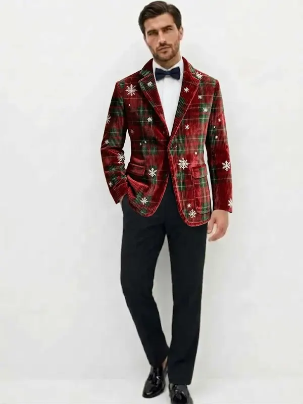 Mens Christmas Snowflake Plaid Corduroy Blazer