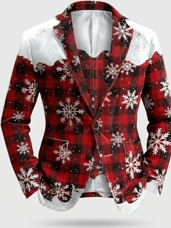 Men Ugly Christmas Snowy Plaid Blazer