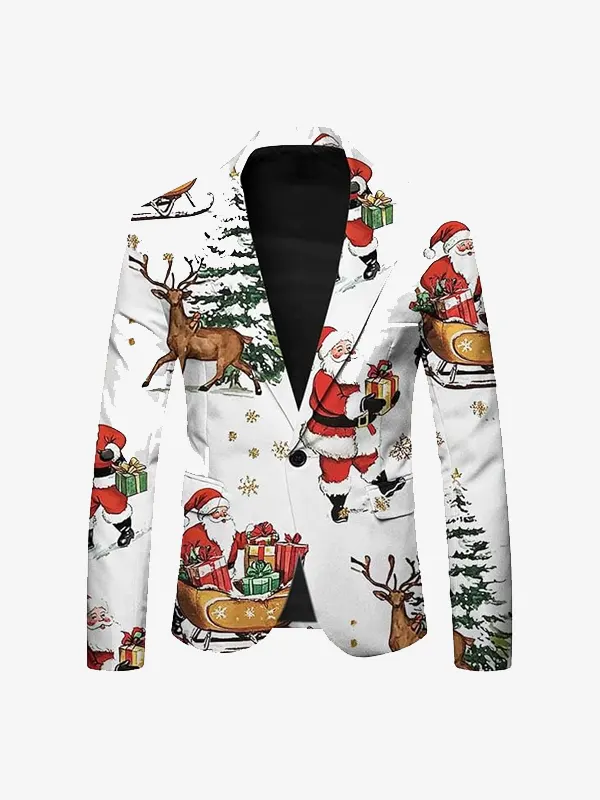 Men White Santa Reindeer Back Blazer