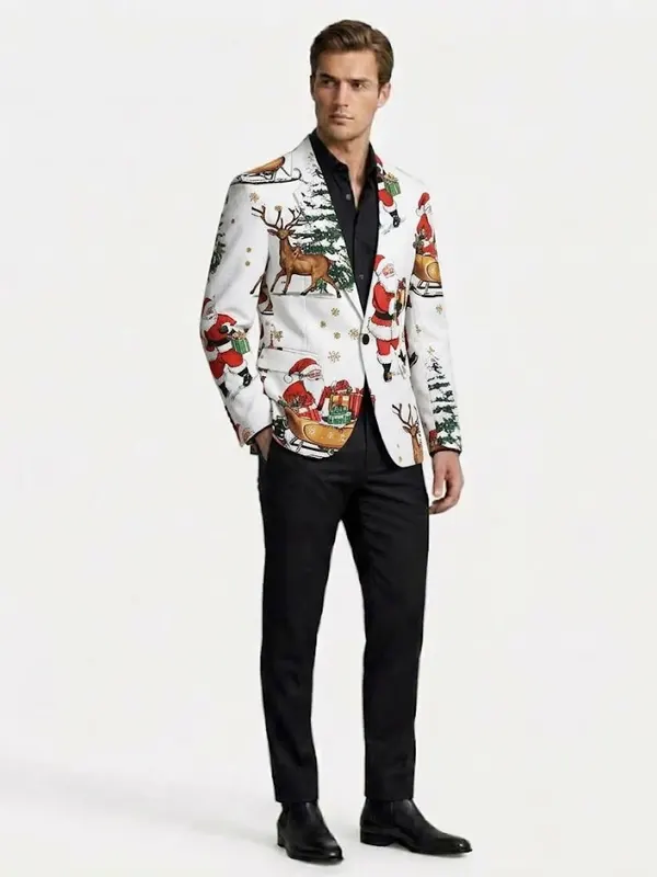 Men Santa Reindeer White Blazer