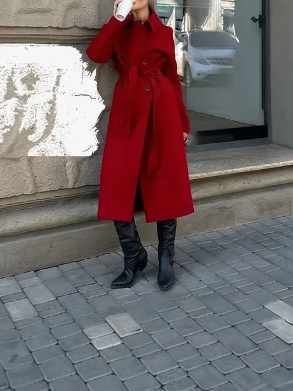 Women Red Double Breasted Overcoat